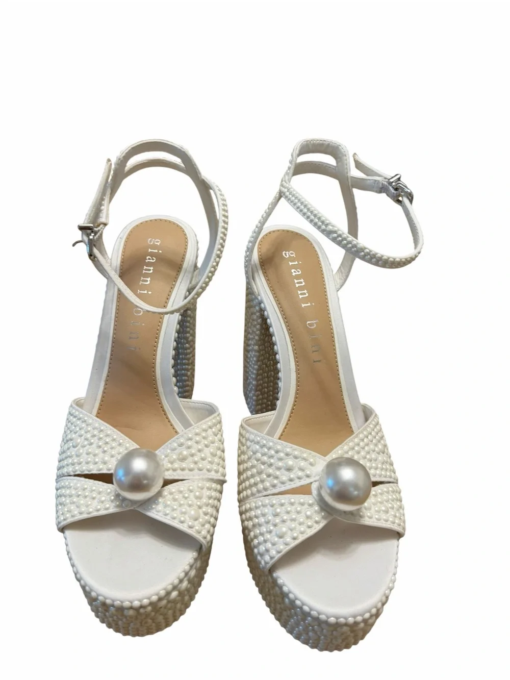Gianni Bini White Pearl Platform Block Heel Bridal Sandals NWOB Size 8